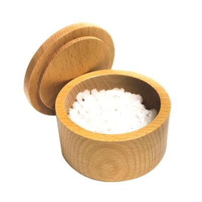 China Sustainable Wooden Round Containers Salt Boxes With Lids Dippers Storage Tray Beech Wooden Salt Box for sale