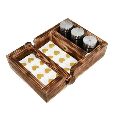 China Environmental Friendly Rustic Dark Brown Burnt Wooden Box Home Kitchen Salt Storage Rack Cart Napkin Table Holder for sale