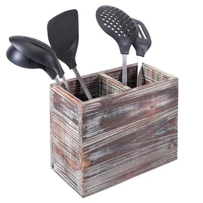 China Sustainable 2-Compartment Torched Wooden Kitchen Battery Rack Wooden Kitchen Organizer Box for sale