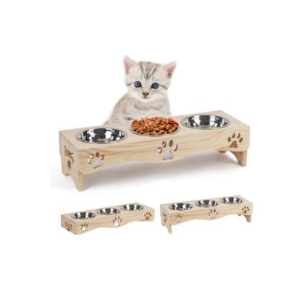 China Sustainable Adjustable Heighs Raised Pet Dishes Bowls With Wooden Rack Wooden Pet Raised Feeder for sale