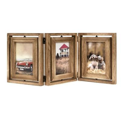 China Environmental Friendly Rustic Wood Hinged Triple Folding Photo Frames Double Sided Display Rotatable Wooden Picture Frame for sale