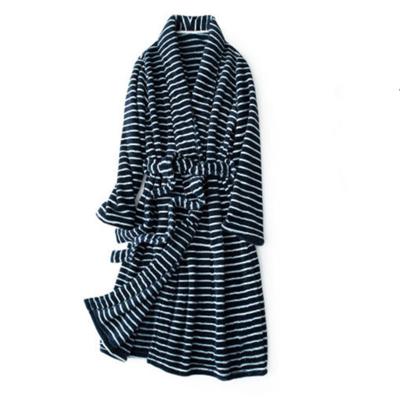 China 2022 Fashion Thermal Strappy Bathrobe Stripe Bathrobe Black And White Coral Fleece Robe Unisex for sale