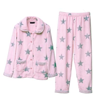 China Autumn Thermal Winter Women Warm Pajamas Set Pink Printed Star Profile Soft Sleepwear Flannel Pajamas for sale