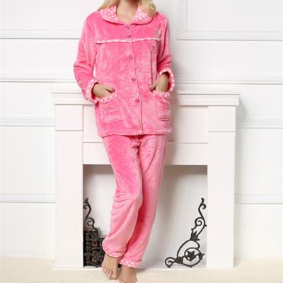 China Pink Printed Soft Coral Fleece Ladies Short Home Wear Winter Women Flannel Thermal Pajamas Set for sale