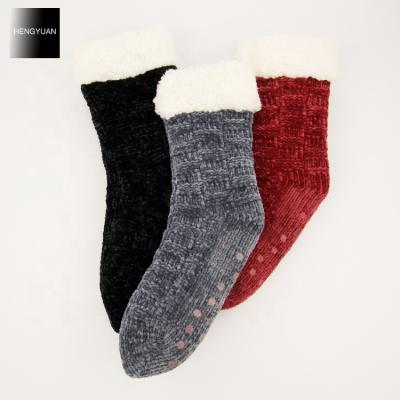 China Breathable Hengyuan Women Chenille Knit Sherpa Fleece Lined Warm Indoor Slipper Socks for sale