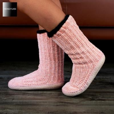 China Availavble Hengyuan Comfortable Leather Sole Indoor Women Winter Knit Indoor Slippers for sale