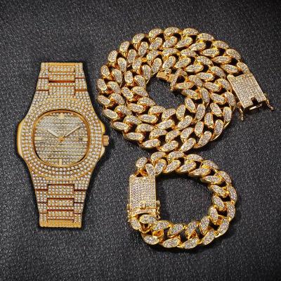 China Factory Wholesale Hip Hop Set Fashion Full Diamond Set Steel Band Watch Bracelet Necklace Rhinestone Spot Fashion for sale