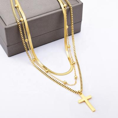 China Europe and America Europe and America Gold Stainless Steel Cross Bead Snake Bone Cross Bead Necklace Fashion Neck Layered Necklace for Wedding for sale