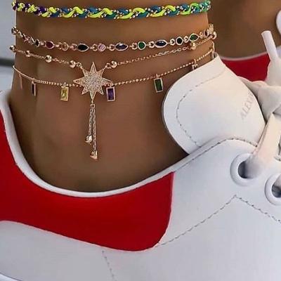 China Other 2022 New Products Bohemian Color Style Braided Beach Rope Diamond Tassel All-match Anklet Women 3 Piece Anklet for sale