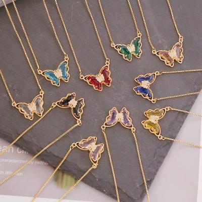 China New European and American romantic 18K gold butterfly plated multi-color three-dimensional glass necklace for sale