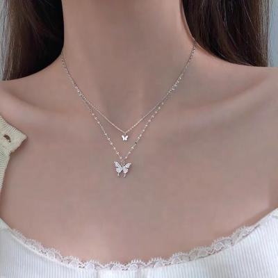 China 2022 FASHIONABLE New Butterfly Charm Clavicle Charm Double Layer Premium Sterling Silver Necklace For Miss for sale