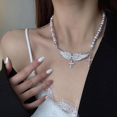 China New Romantics Arrive Hot Cross Wings Pearl Necklace Wings Cross Diamond Cross Angel Wings Clavicle Chain Pendant Necklace for sale