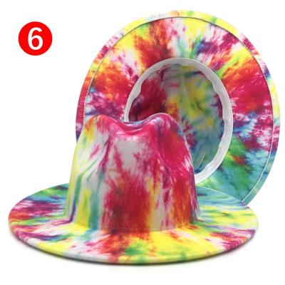 China Plush 20 Colors Tie Graffiti Fadora Two Tone Felt Fedora Hats Dye Fedora Hats Women Wholesale Wide Brim for sale