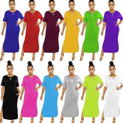 China 2021 New 14 Colors Anti-Wrinkle Crochet Dress High Slit Stretch Round Neck Plus Size Women's Dress for sale