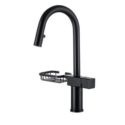 China Modern Factory Sell Kitchen Faucet Matte Black 306 Degree Belt Rotary Pull-Down Sprayer Salad Wire Cold & Hot Mixing Faucet for sale