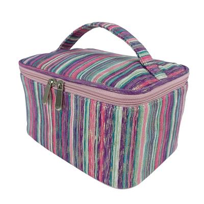 China Custom Cosmetic Organizers Vertical Stripes Color Velvet Logo Storage Makeup Toiletry Bag for sale