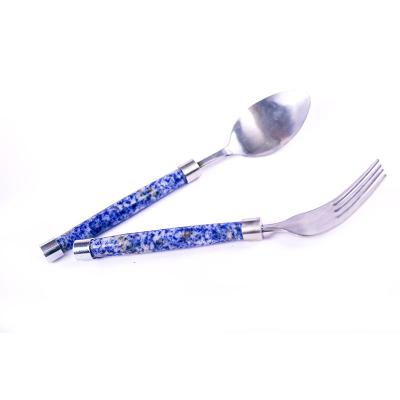 China Creative Amazon Natural Hot Selling Jade Handle Stainless Steel Long Blue Color Customize Jade Handle Spoon And Fork for sale