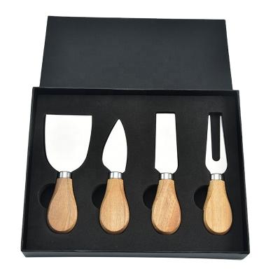 China Amazon Viable Hot Sale Professional Customize Logo Wooden Handle Stainless Steel Cutter Gift Box Set 4 Piece Cheese Knife Tools for sale