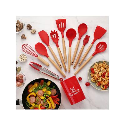 China Wholesale 12 Pcs Wooden Handle Viable Food Grade OEM Tools Accessories Silicone Nonstick Kitchen Utensil Cooking Set for sale