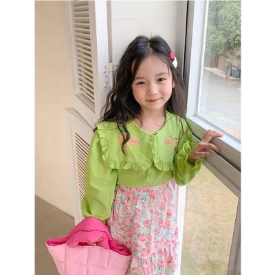 China Casual Girls Spring Lapel Embroidered Shirt Flared Pants 2 Sets for sale