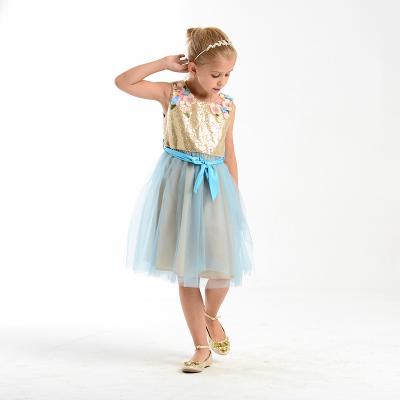 China Anti-wrinkle Girl's Mesh Blue Sequined Flower Kid Dress for sale