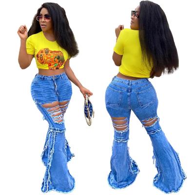 China Hot sale waterproof washed jeans seller women ladies high waisted jeans flare pants ripped jeans pants for sale