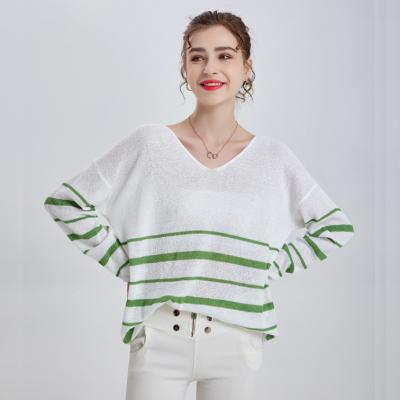 China Anti-pilling Hot Sale V-Neck Woman Sweater Recycle Polyester Fashion Stripe Soft Spring For Women Knitted Pullover for sale