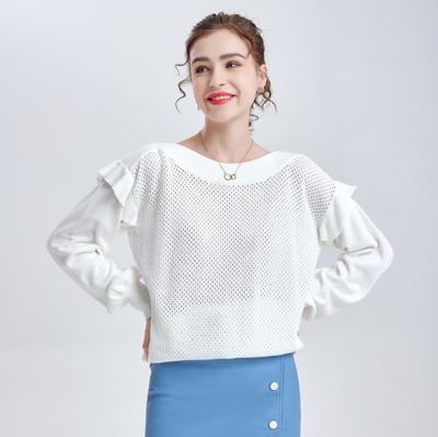 China Anti-pilling Summer Knits Nice Mid Length Round Openwork Ruffles Neck Wholesale Quality Knitted Sweater for sale