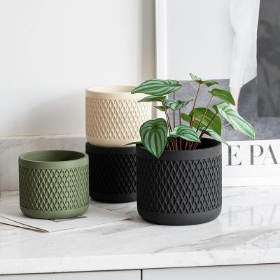 China Minimalist Embossed Geometric Design Matte Cylinder Cement Flower Pot Balcony Cement Planters for sale