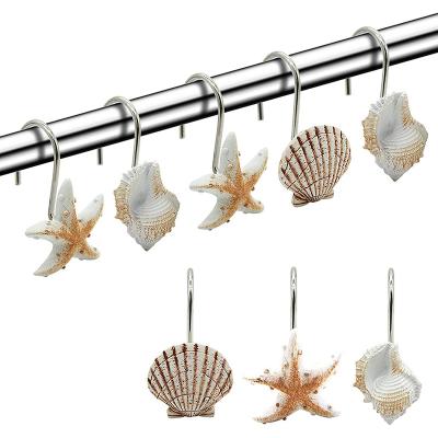 China Eco-friendly 12 PCS Fashion Bathroom Seashell Decorative Home Shower Curtain Hangs Curtain Rings Beach Seashell for sale