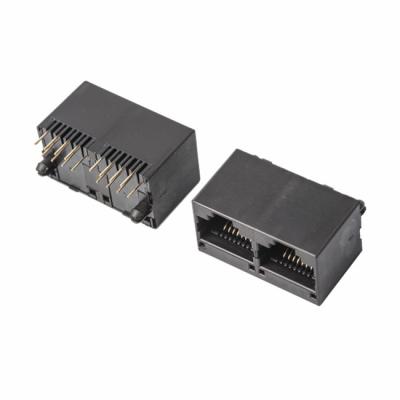 China 1X2 pcb adapter rj45 right angle rj dual port female connector without shield for sale