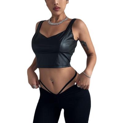 China New 2022 Yolo spring sexy artificial leather sleeveless short tank top breathable and summer fashion V neckline for sale