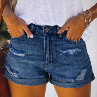 China Breathable Yolo Women's Elastic Mid Waist Denim Shorts With Broken Holes for sale