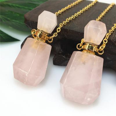 China Newly Hot Selling Europe High End Openable Crystal Rose Quartz Necklace Perfume Bottles Oil Essential Pendant for sale