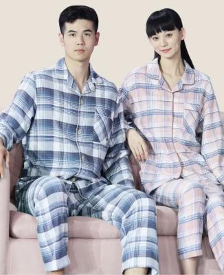 China Breathable Couples Matching Pajamas Plaid PJ Nightgowns Set 100% Cotton Loungewear Set Custom Dress Womens Night Sleepwear for sale