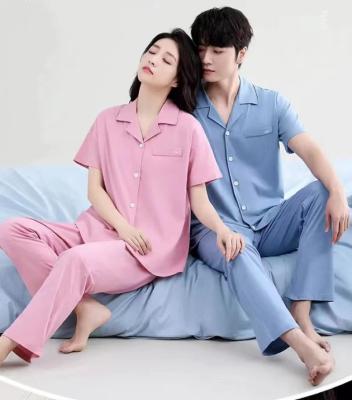 China Breathable couple pj set custom 100% cotton loungewear night dress soft pajamas for women set womens sleepwear pajamas women sleepwear for sale