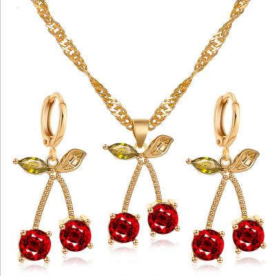 China Fashion Romantic Boho Red Crystal Hoop Earrings and Cherry Pendant Necklace Jewelry Set for Lady for sale