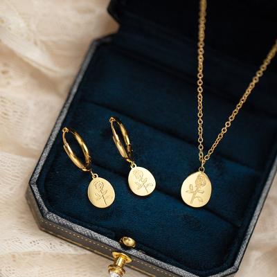 China High Quality Jewelry Set 2022 14K Stainless Steel Rose Flower Necklace Earrings Gold Plated Jewelry Set For Mother's Day for sale