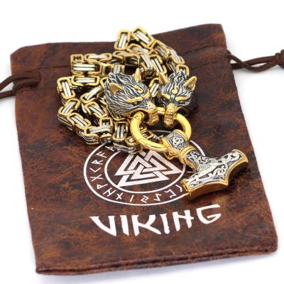 China New Design Vintage Design Viking Wolf Head Chain Thor Hammer Jewelry Nordic-culture Men's Stainless Steel Necklaces for sale