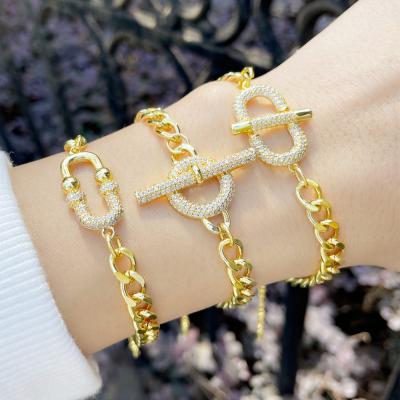 China FASHIONABLE Charm Gold Jewelry Women Girls Cuban Link Chain Bracelet With Zircon Inlaid Clasp for sale