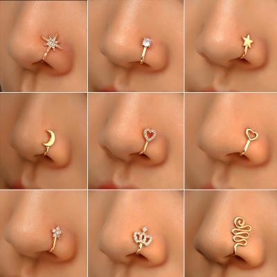 China Free Sample Popular Punk Rhinestone Plum Flower Heart Star Crown Clip On Ear Clip Cuff Piercing Nose Ring For Women Girls Nariz for sale