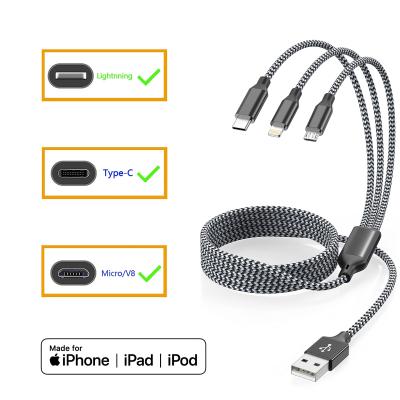 China 3 in 1 Multi Phone Cord with Type C/Micro/Lightning USB Connectors USB Charging Cable for sale