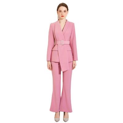 China Two-Pieces Anti-Shrink High End Fashion With Belted Long Sleeve Blazer Pants Set Women Office Suits for sale