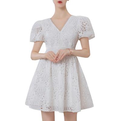 China New Next Women Summer Dresses V-Neck Embroidery Puff Sleeve Anti-Static Dress For Party for sale