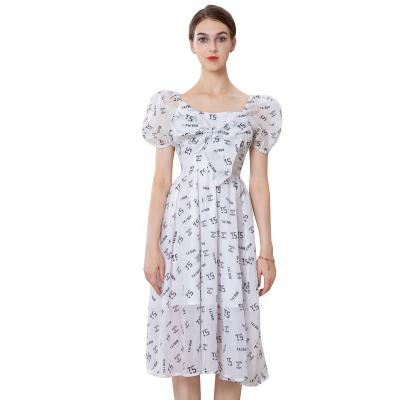 China Anti-Static Ladies Dress Design Bowknot Decorated Puff Sleeve Printed Women Mid Length Dresses for sale