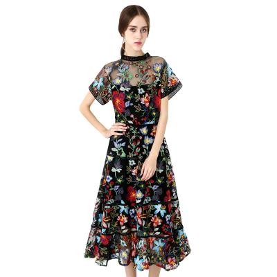 China Anti-Static Women Plus Size Clothing Lace Up Floral Pattern Embroidery Dresses Ladies Cotton Midi Dress for sale