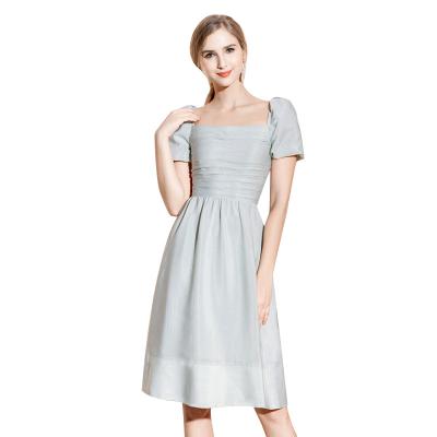 China Anti-Static Woman New Fashion Square Collar Dresses Blow Sleeves Ruched Ladies Knee Length Dress Dress for sale