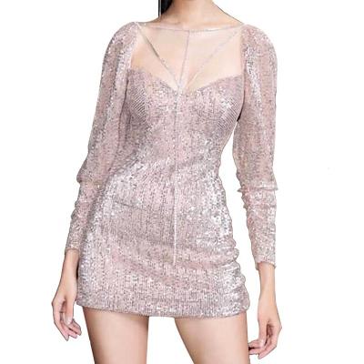 China 2020 Fashion Vintage Sequin Anti-Static Glitter Long Sleeve Sexy Club Party Evening Shorts Bodycon Dress for sale