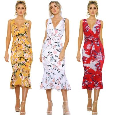 China Vintage Anti-Static V-Neckline Mermaid Floral Print New Summer Style Beach Summer Style Sleeveless Bodycon Bandage Dress for sale