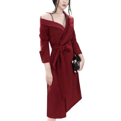 China Office Lady Dress Solid Red Good Quality Anti-Static Sexy Elegance Off The Shoulder Prom Formal Dress Women for sale